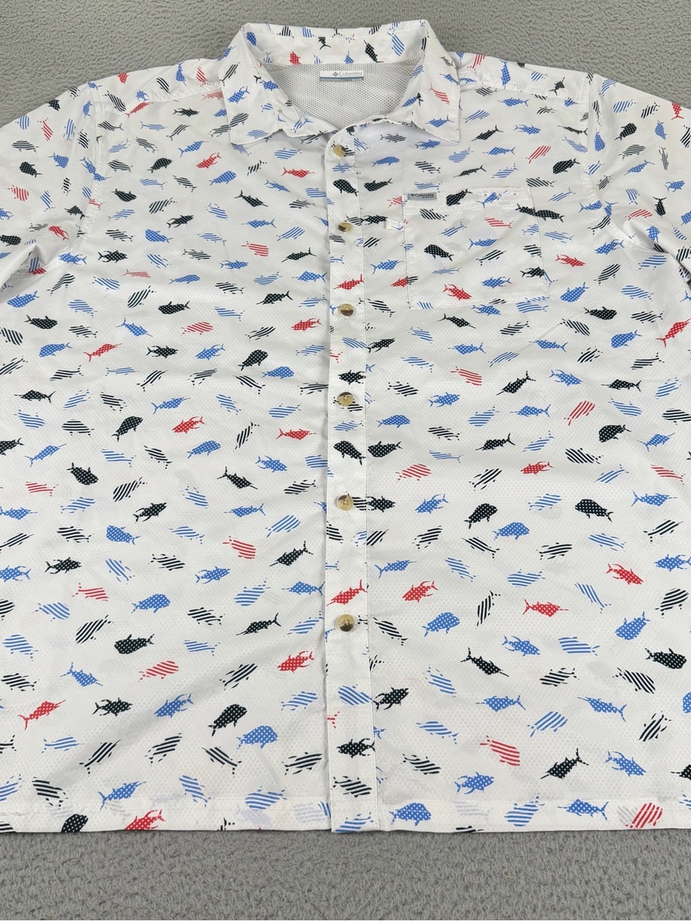 Columbia PFG Super Slack Tide Camp Shirt Mens XL White Fish Patriotic Vented - Picture 2 of 9